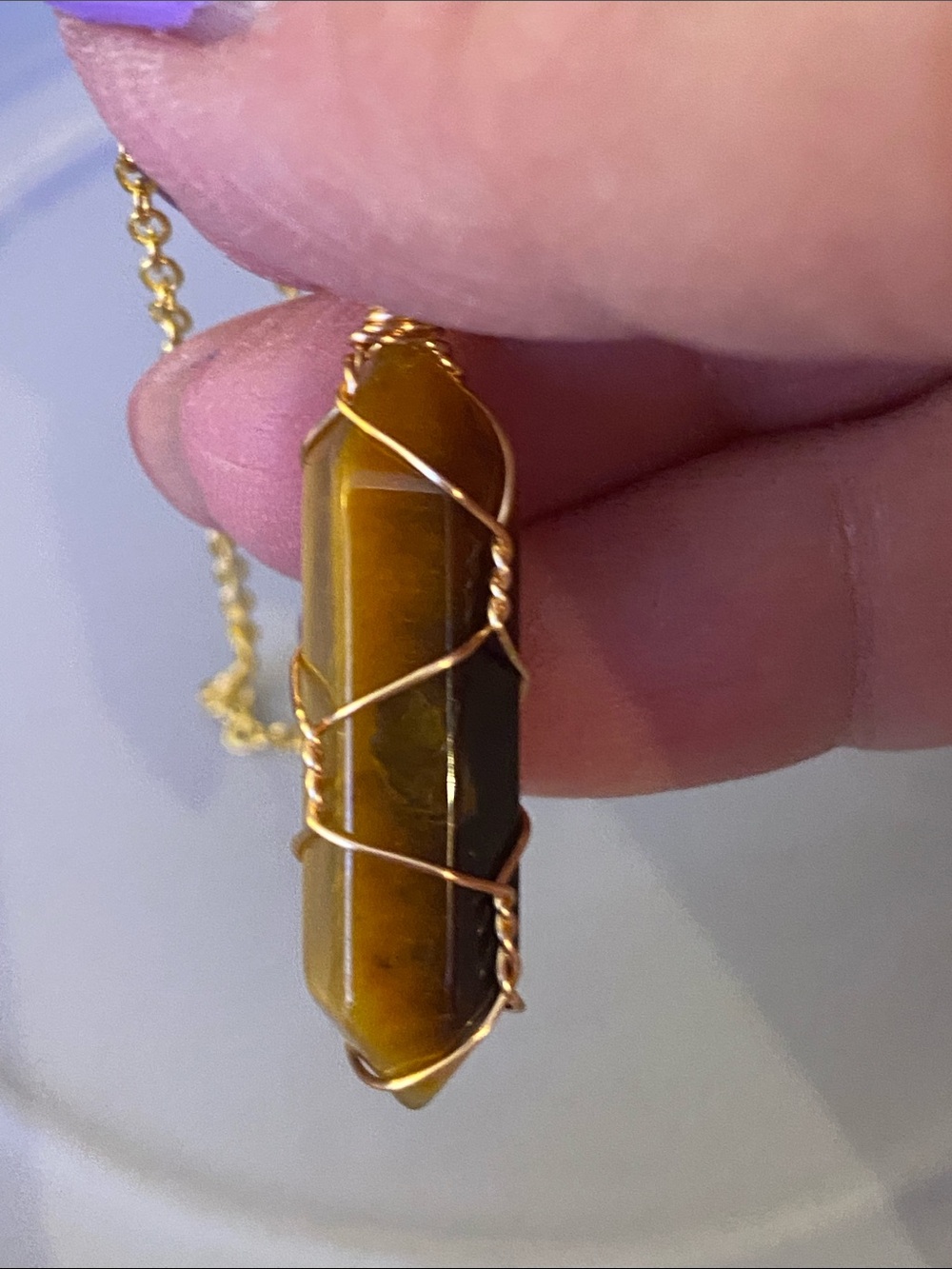 Gold Chain Necklace with Brown Tiger Eye Pendant